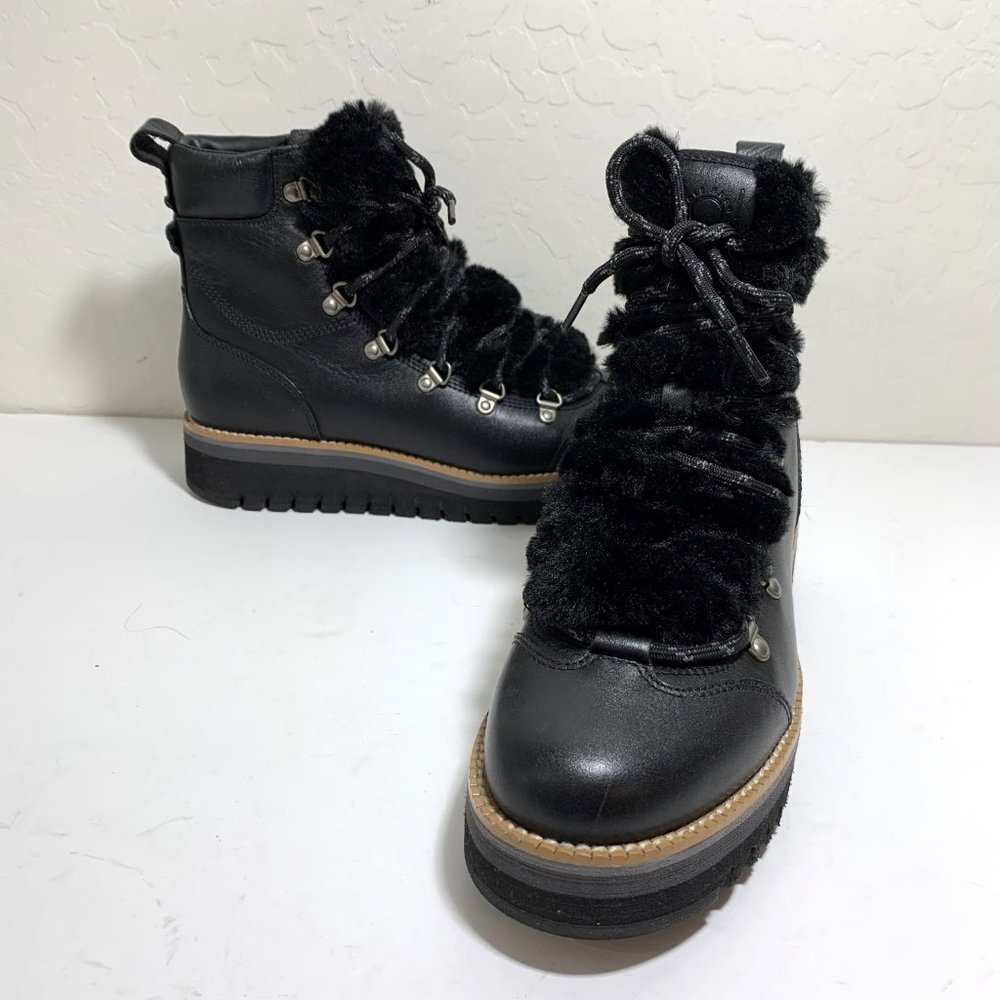 Cole Haan ZeroGrand Lodge Lace Up Hiker Boots Leather Faux Fur Black Size 6.5